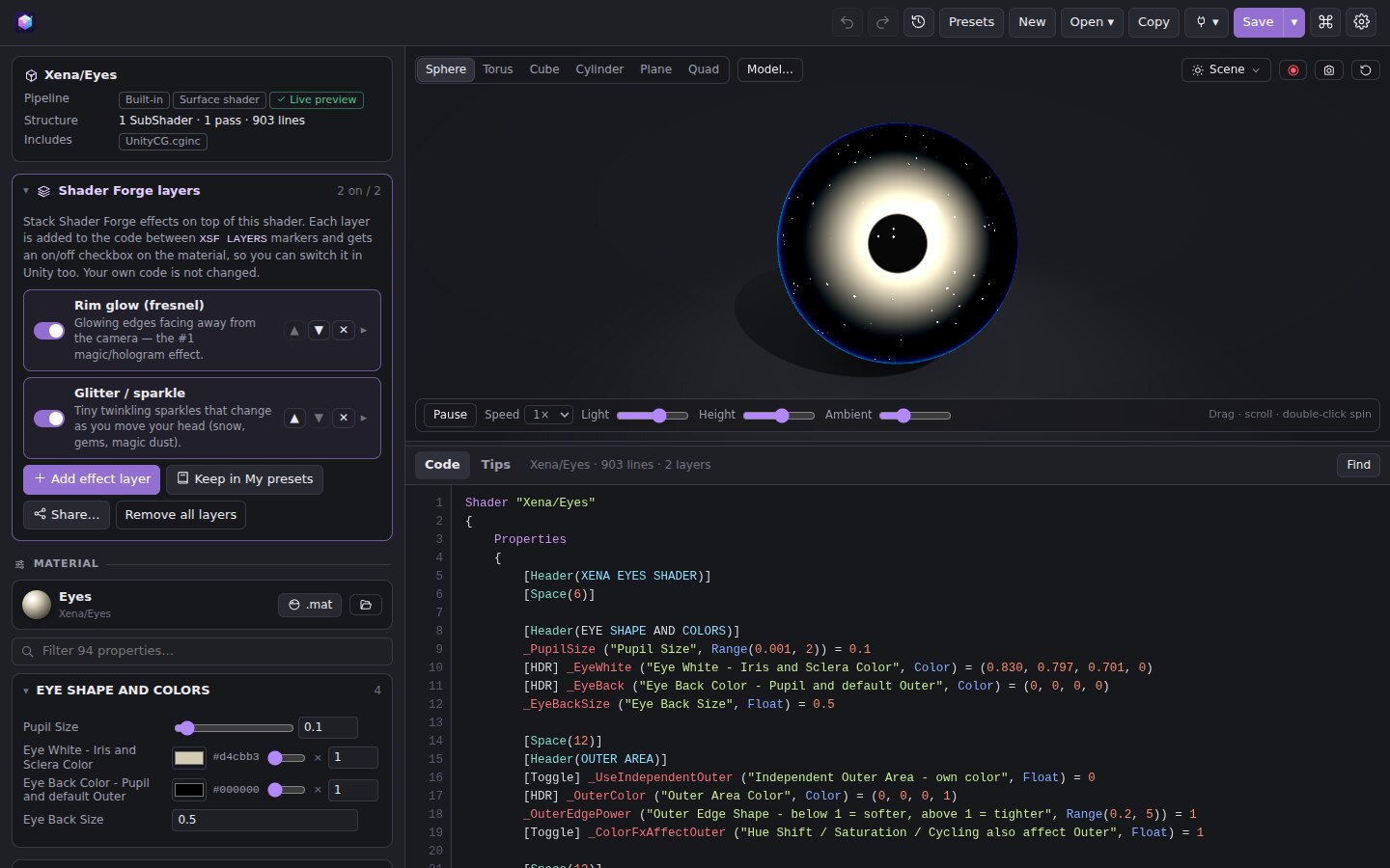 A custom eye shader open in Shader Forge with two effect layers